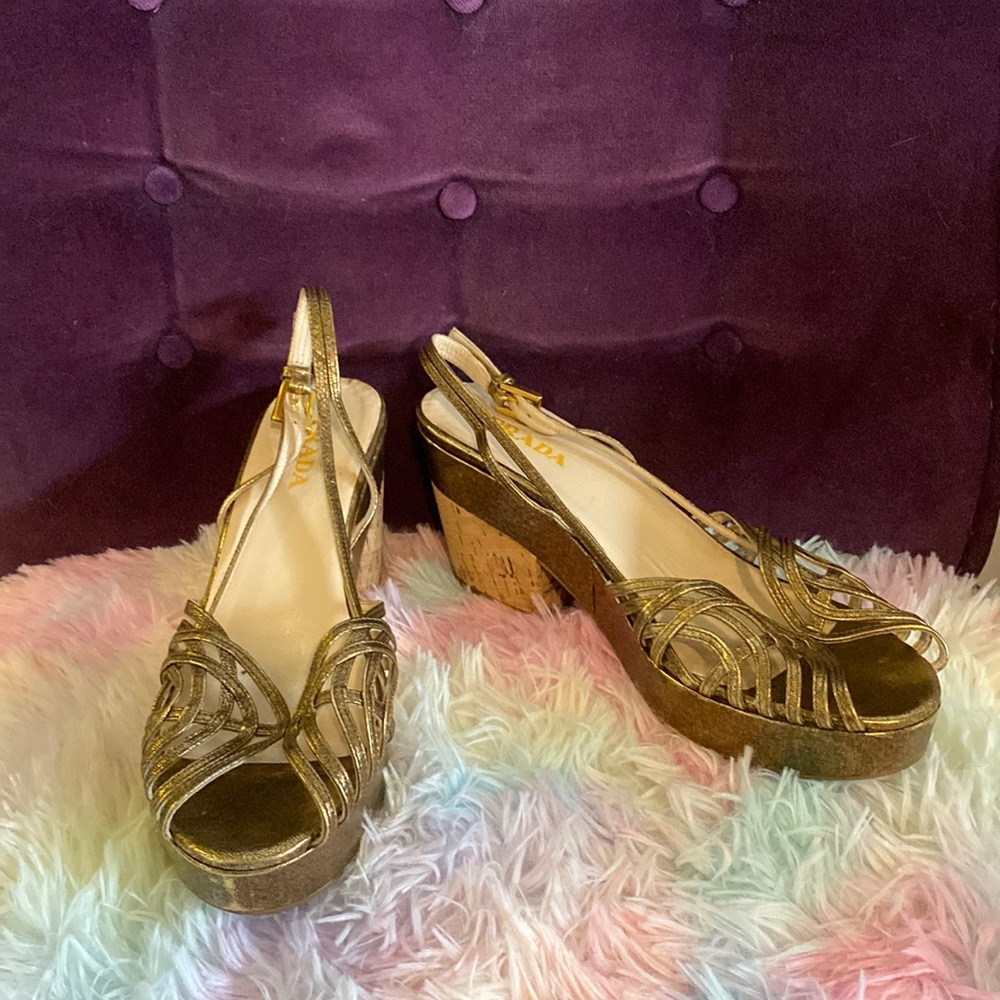 Prada Strappy Gold Leather Block Cork Heel Sandals